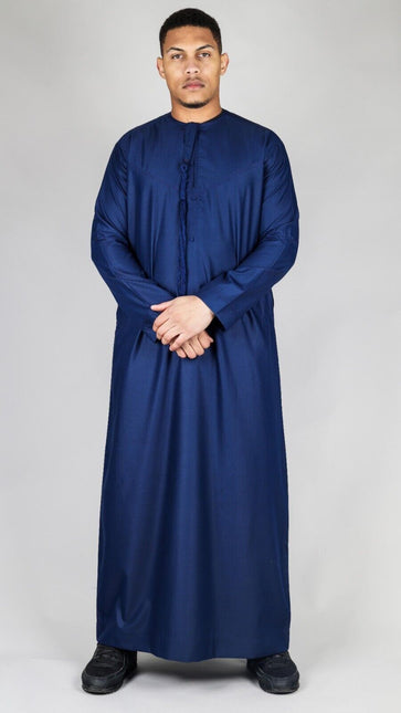 Men's Navy Blue Thobe Emirati Islamic Jubba Robe Eid Tassel Regular Fit