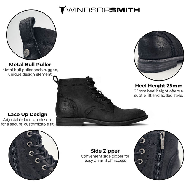 Windsorsmith Mens Black Leather Casual Chukka Ankle Desert Boots - Sebastien