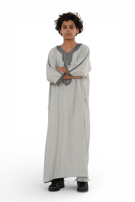 Kids Boys Grey Moroccan Thobe Robe Eid Djellaba Gandoura Jubba- K-HM65