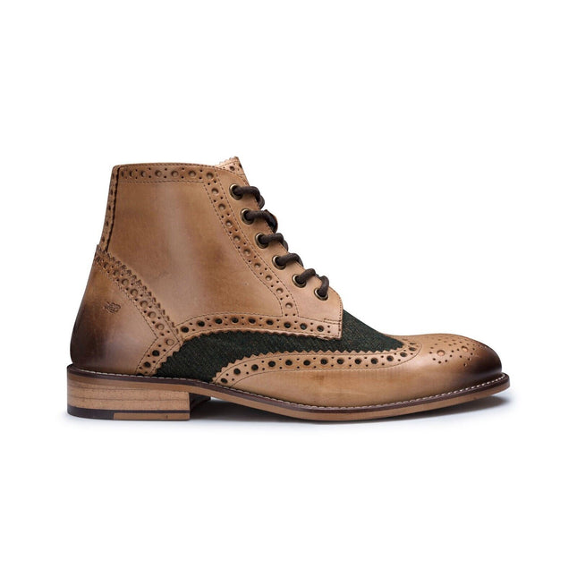 Mens Classic Oxford Tan Leather Gatsby Brogue Ankle Boots With Green Tweed