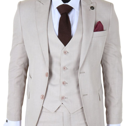 Men's Cream 3-Piece Tailored Fit Formal Wedding Peak Lapel Suit