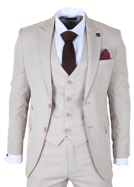 Men's Cream 3-Piece Tailored Fit Formal Wedding Peak Lapel Suit