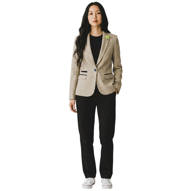 Women's Cream Check Wool Blend Herringbone Tweed Tailored Blazer - Caridi