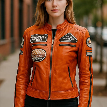 Womens Biker Racing Badges Leather Jacket-Eastleigh