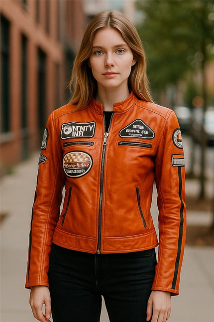 Womens Biker Racing Badges Leather Jacket-Eastleigh