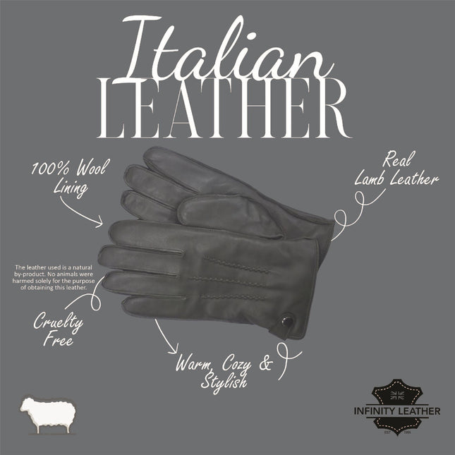 Men’s Olive Green Italian Leather Warm Wool-Lined Winter Gloves - M-LGV-505