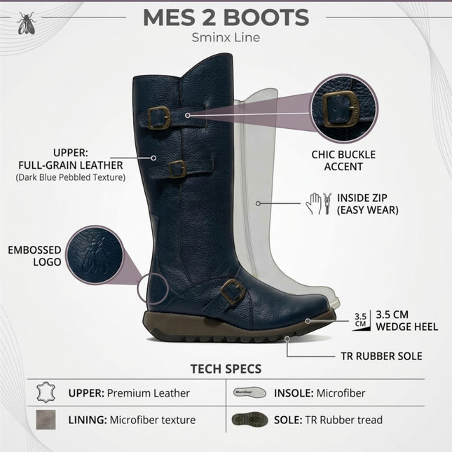 Fly London Womens Navy Blue Leather Mid-Calf Long Boots - MES2913