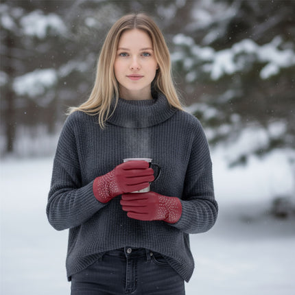 Womens Red Italian Leather Winter Studded Design Soft Wool Lining Gloves - L-GLV-601