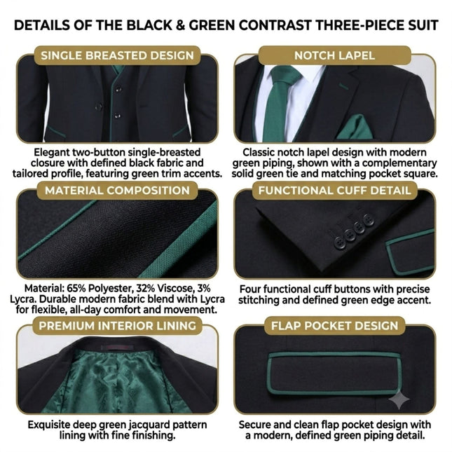 Men's Black Formal 3 Piece Tailored Fit Plain Suit - IM4