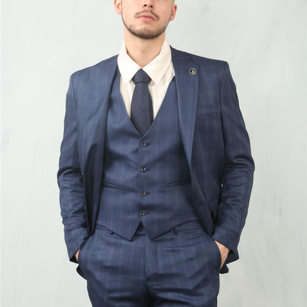 Men's 3 Piece Prince Of Wales Blue Suit Workwear