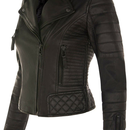 Womens Leather Quilted Vintage Brando Biker Jacket-Lusaka