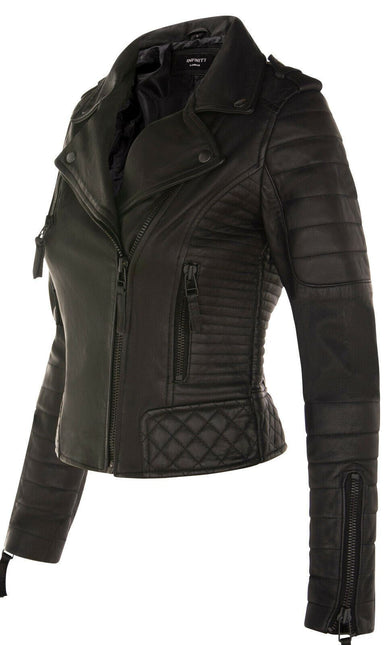 Womens Leather Quilted Vintage Brando Biker Jacket-Lusaka