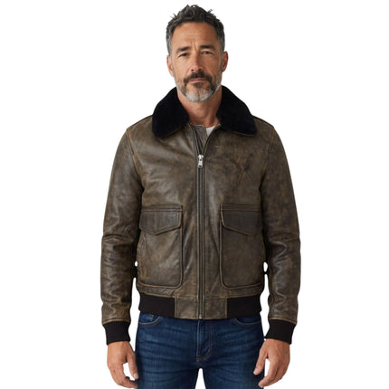 Mens Brown Leather Aviator Bomber Jacket - Lunar