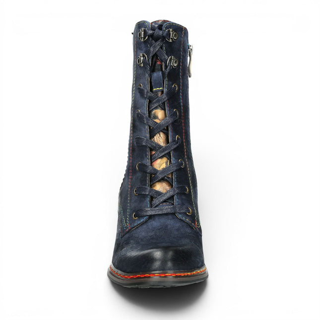 Laura Vita Women's Goth Victorian Floral Blue Leather Lace-Up Heeled Boots - Eleao-42