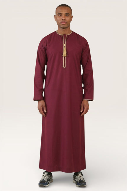 Men's Ramadan Burgundy Red Moroccan Thobe Robe Emirati Eid Jubba- TT-003