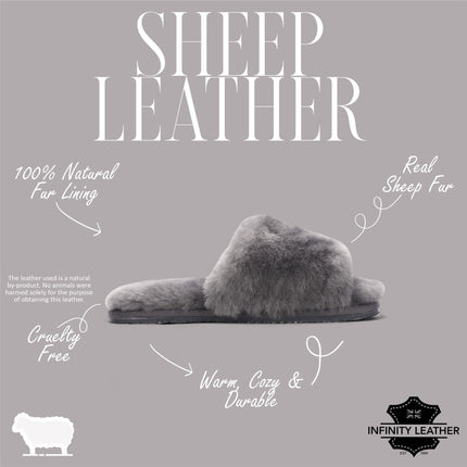 Women's Sheepskin Slippers Grey Warm Winter Fur Sliders - Nordic
