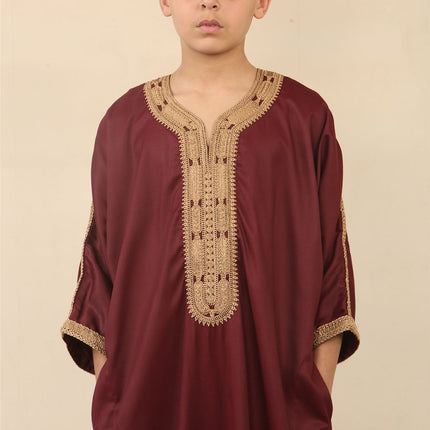 Kid's Boys Burgundy Moroccan Thobe Jubba Robe Eid Djellaba Gandoura