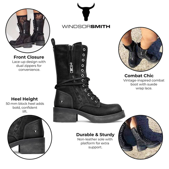 Windsorsmith Womens Black Suede Combat Boots Mid-Calf Lace-Up Biker Shoes - Gather