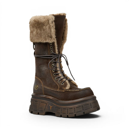 Windsorsmith Women's Brown Suede Leather Platform Combat Fur Boots - Saintly
