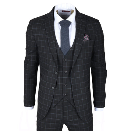 Men's Black Checked 3 Piece Suit Tailored Fit