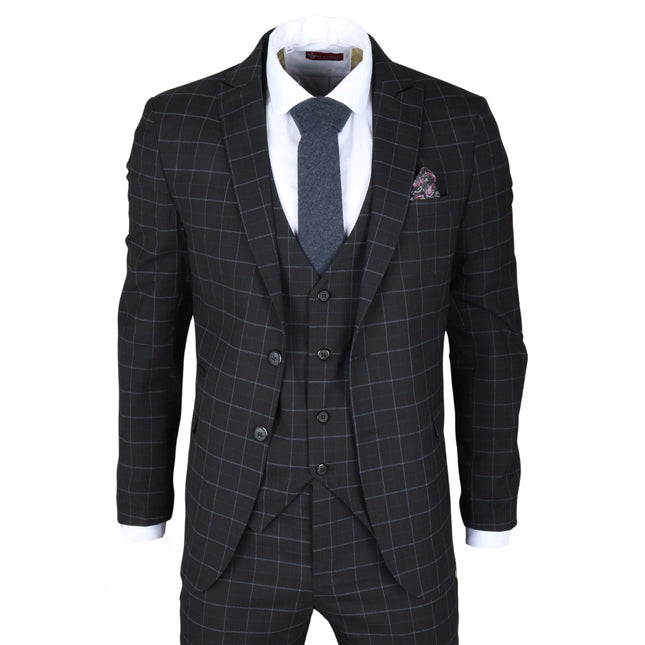 Men's Black Checked 3 Piece Suit Tailored Fit