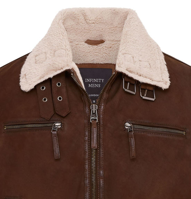 Mens Real Sheep Suede Bomber Jacket Aviator Jacket with Fur Lining