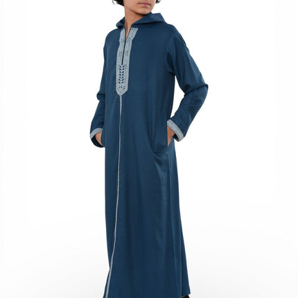 Kids Boys Aqua Blue Eid Hooded Moroccan Thobe Robe Djellaba Ramadan Jubba- K-HM3