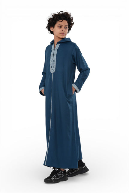 Kids Boys Aqua Blue Eid Hooded Moroccan Thobe Robe Djellaba Ramadan Jubba- K-HM3