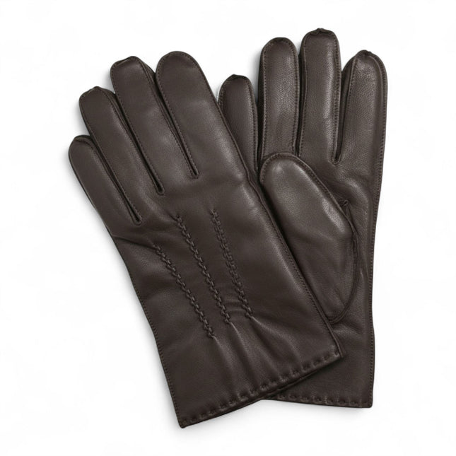 Men’s Brown Italian Leather Warm Wool Lining Winter Stich Design Gloves - M-LGV-205
