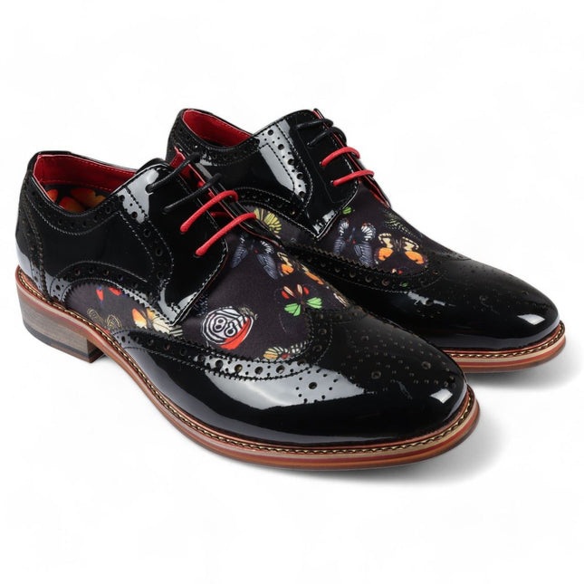 Justin Reess Men's Butterfly Print Patent Leather Brogue Shoes - Julius