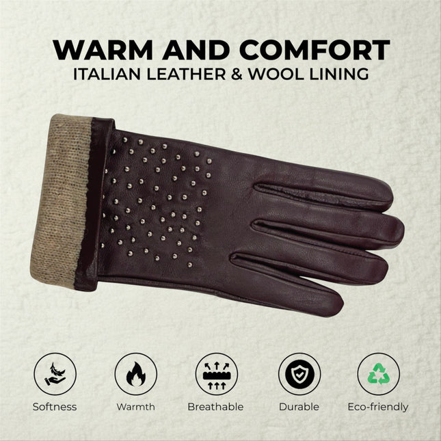 Womens Purple Italian Leather Winter Studded Design Soft Wool Lining Gloves - L-GLV-601