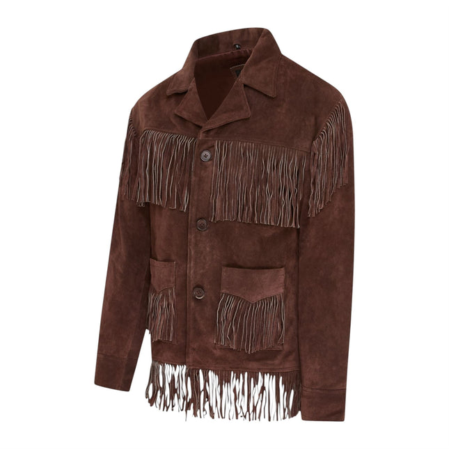 Men's Retro Brown Cowboy Suede Leather Fringe Jacket - Western