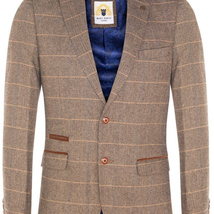 Marc Darcy Mens Tweed Blazer DX7 Tan Brown Check Herringbone Smart Formal Jacket