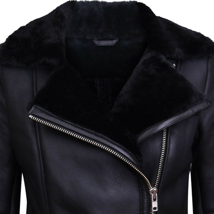 Womens Black Shearling Sheepskin Aviator Jacket-Kiev