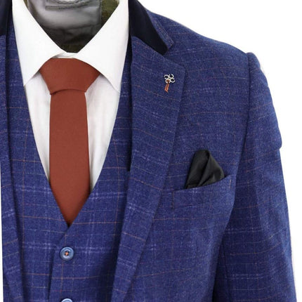 Mens 3 Piece Blue Tweed Check Vintage Classic Suit