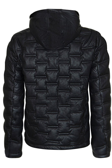 Men's Hooded Puffer Quilted Bomber Leather Jacket - Belém