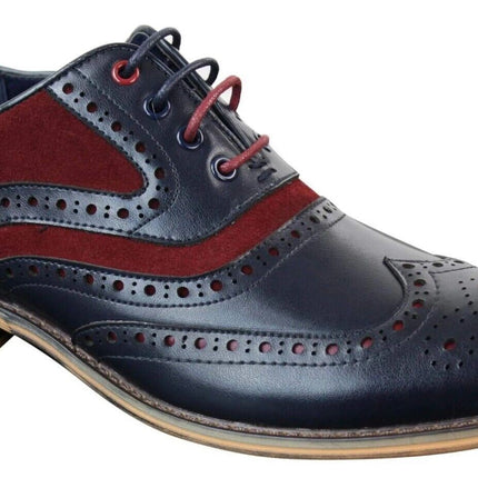 Mens Classic Burgundy Suede Oxford Brogue Shoes In Navy Leather
