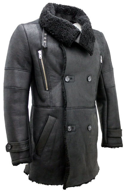 Mens Double Breasted Sheepskin Reefer Coat-Candon