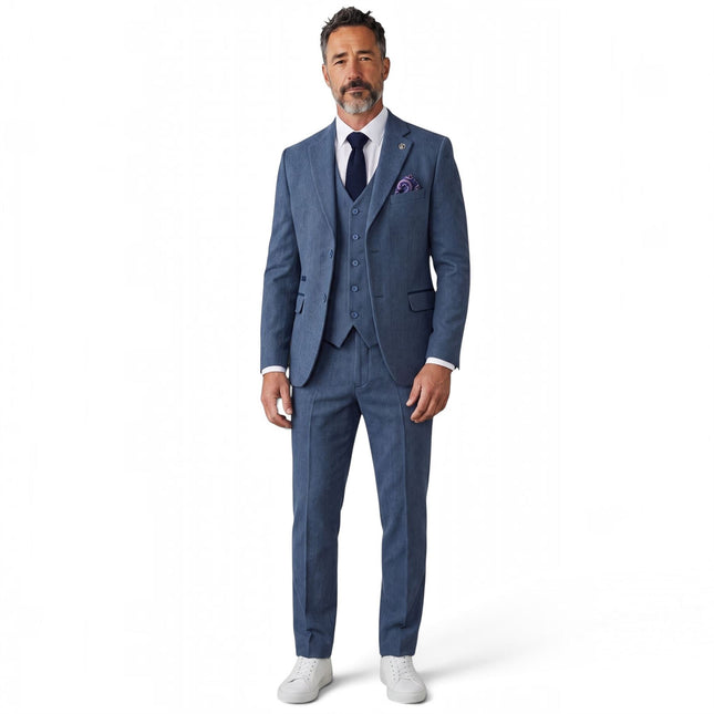 Men's Blue 3 Piece Tweed Herringbone Formal Suit -  IM4