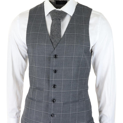 Mens Grey Suit 3 Piece Check Vintage Retro Smart Wedding Classic Tailored Fit