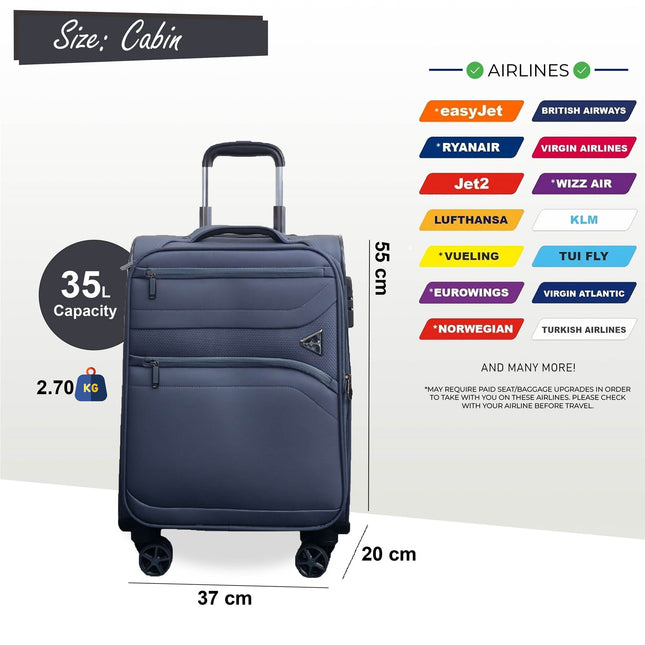 Lightweight Soft Grey Dual 4 Wheel Cabin Luggage Suitcase Set
