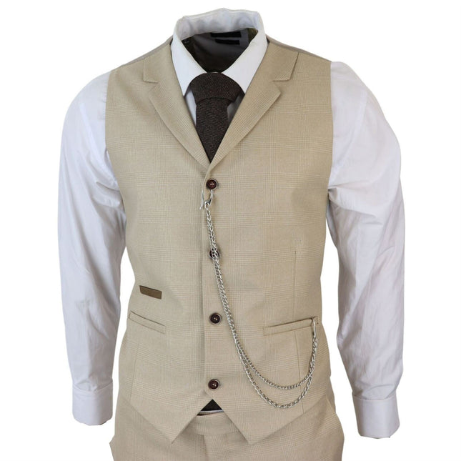 Men's 3 Piece Cream Prince Of Wales Check Suit