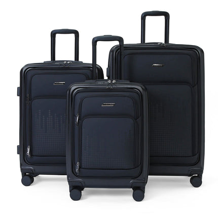 Hybrid ABS+PU Hard Shell Black Suitcase Set 8 Wheel Front Pocket Luggage