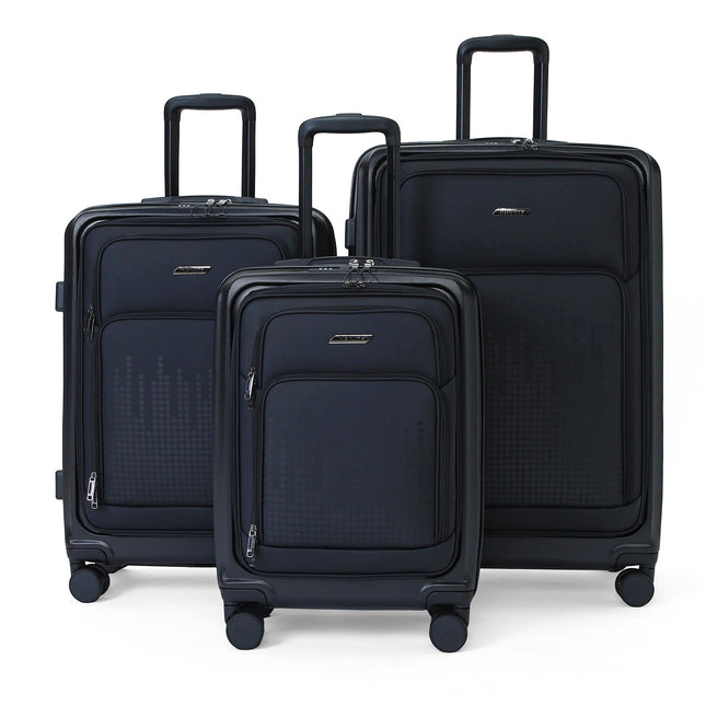 Hybrid ABS+PU Hard Shell Black Suitcase Set 8 Wheel Front Pocket Luggage