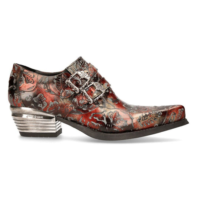New Rock Embossed Black/Red Leather Buckled Shoes -7960-S5