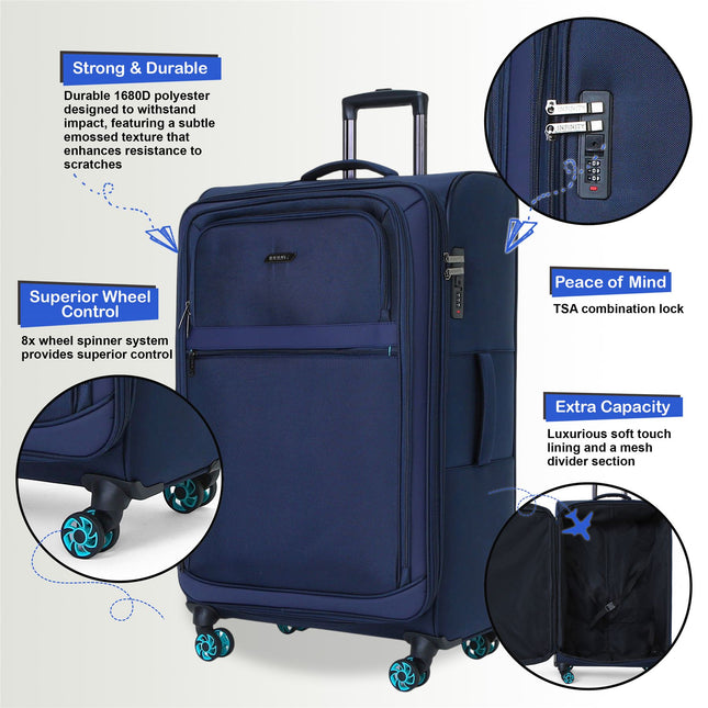 Soft Shell Blue 1680D Polyester Suitcase Set 8 Wheel TSA Lock Luggage