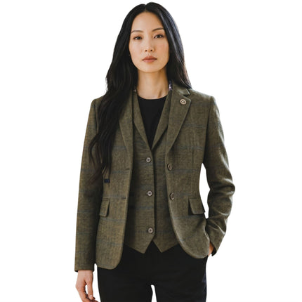 Women's Olive 2 Piece Check Formal Tweed Blazer & Waistcoat Set - TPSTZ-7