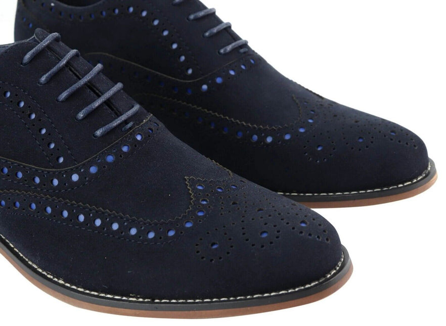 Mens Classic Oxford Brogue Shoes In Navy Blue Suede