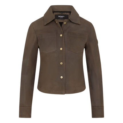 Womens Taupe Brown Leather Shacket Collar Jacket - Lofar