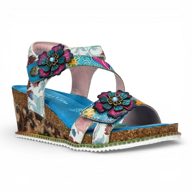 Laura Vita Women's Bonito 32 Turquoise Blue Floral Leather Wedge Espadrille Sandals